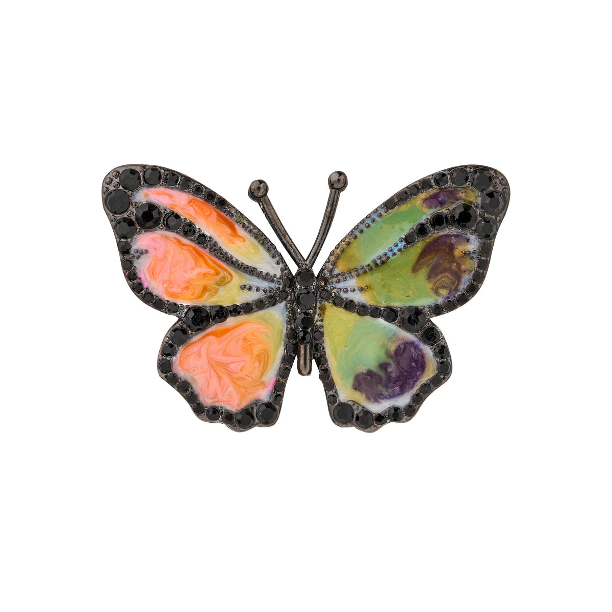 Papillon noir avec émail coloré et pierres de cristal noires