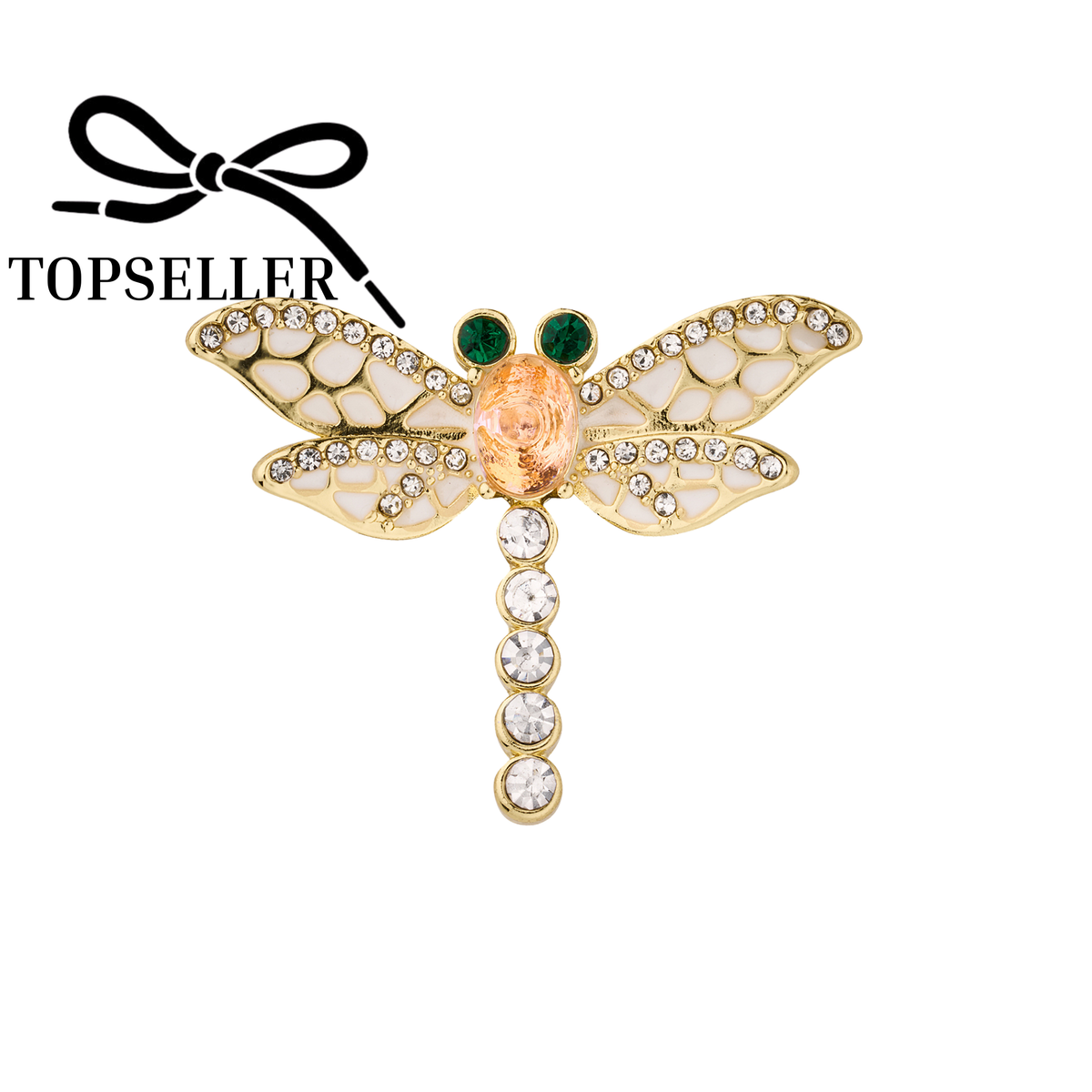 Dragonfly with two green crystals, glass stones and white enamel